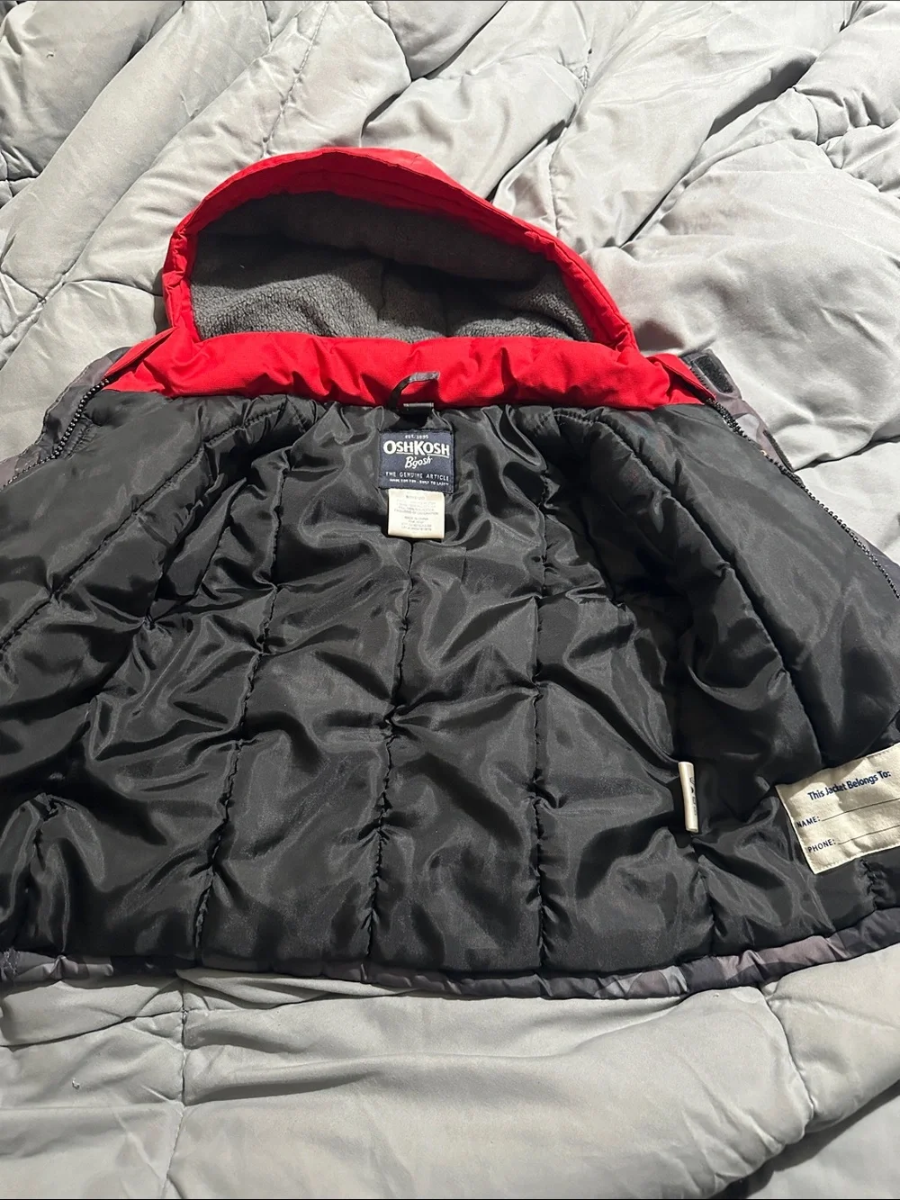 OshKosh B'gosh Red and Gray Camouflage Hooded Puffer Jacket